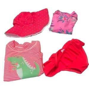 Carter’s Girls 4 Piece Pink Dino Swimsuit Bundle OshKosh Rash Guard & Hat